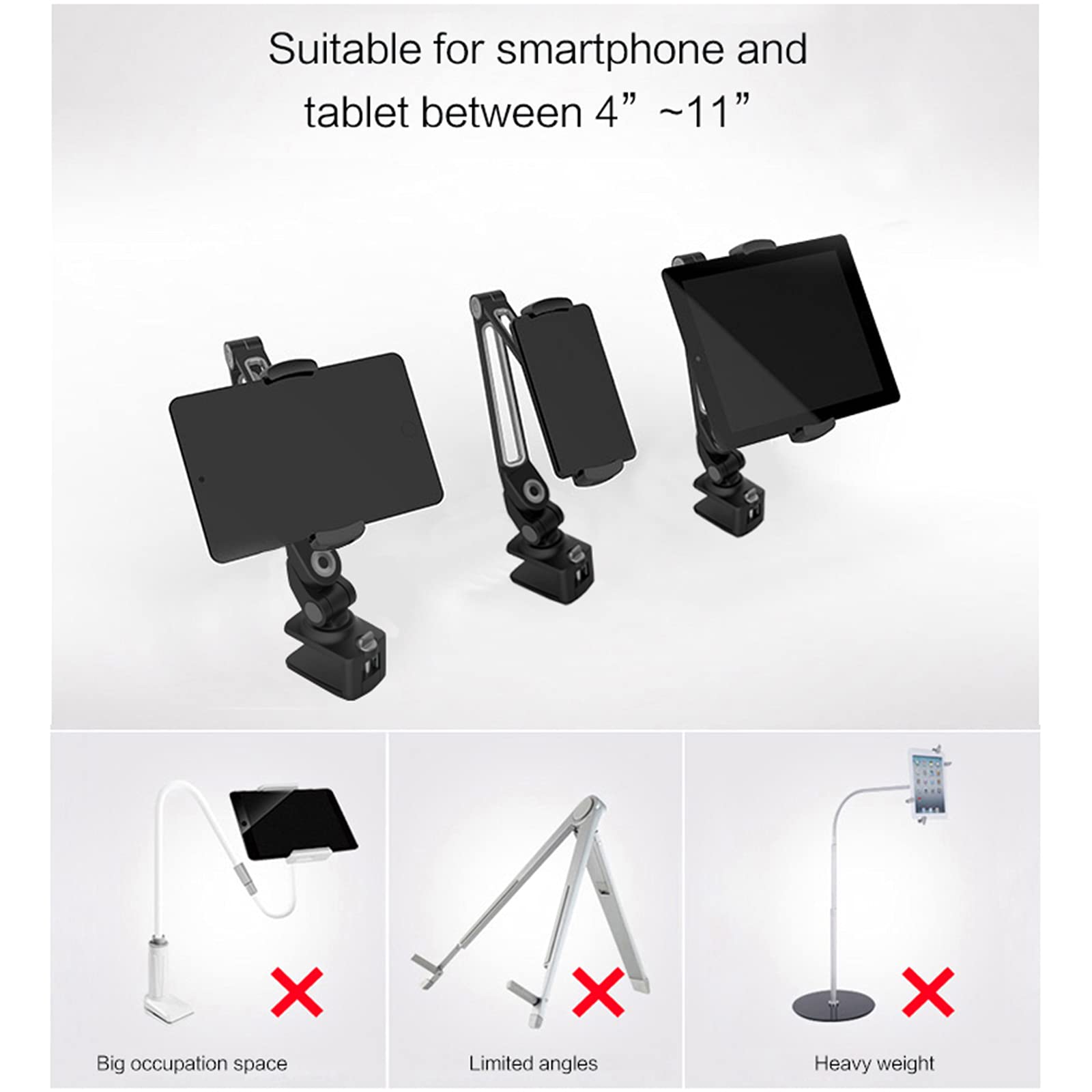 Supporto per Tablet, Supporto per Braccio Lungo Flessibile Regolabile, Rotazione di 360 Gradi, Supporto Universale per 4-11" Dispositivo,Nero