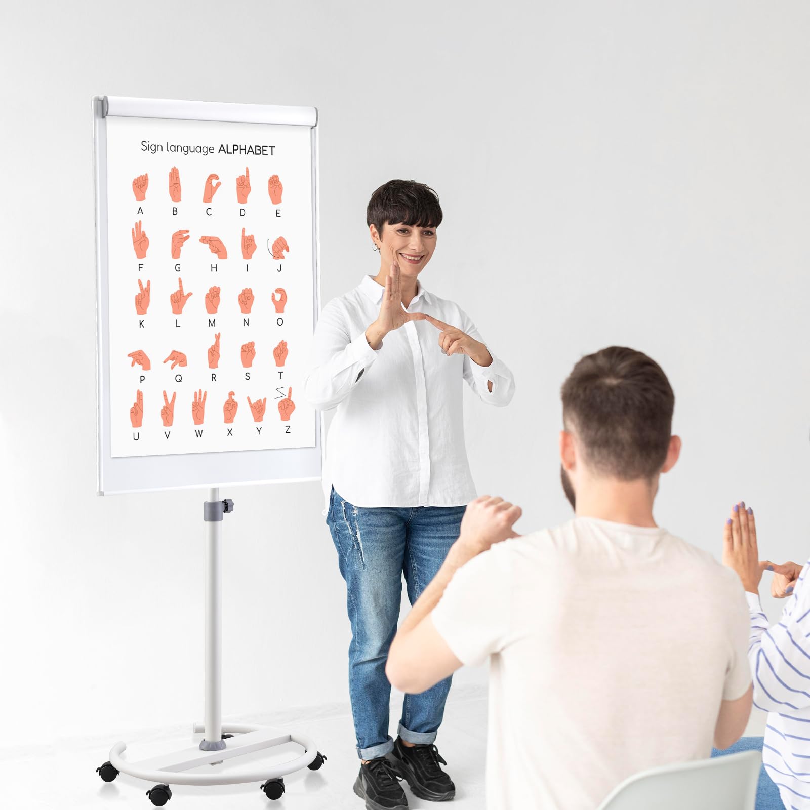 MAKELLO Flipchart Ständer 100x65cm Whiteboard mit Rollen, Höhenverstellbar | Rundfuß mit 5 Feststellbaren, Magnethaftend, Trocken Abwischbar, Inkl.20 Blatt Flipchartblock, Whiteboard Magnetisch für Büro