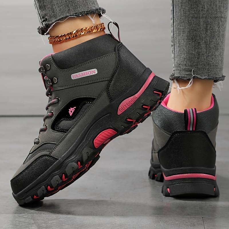 Women's Versatile All-Season Hiking Boots - Breathable, Non-Slip Traction Sole, Lace-Up Outdoor Sports Shoes in Black & Pink with Rubber Sole for Trekking & Mountaineering