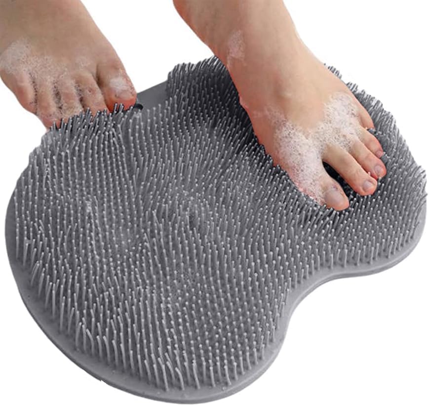 Shower Foot Scrubber Mat with Non-Slip Suction Cups Shower Foot and Back Scrubber Massage Pad Back Washer for Men and Women Grey