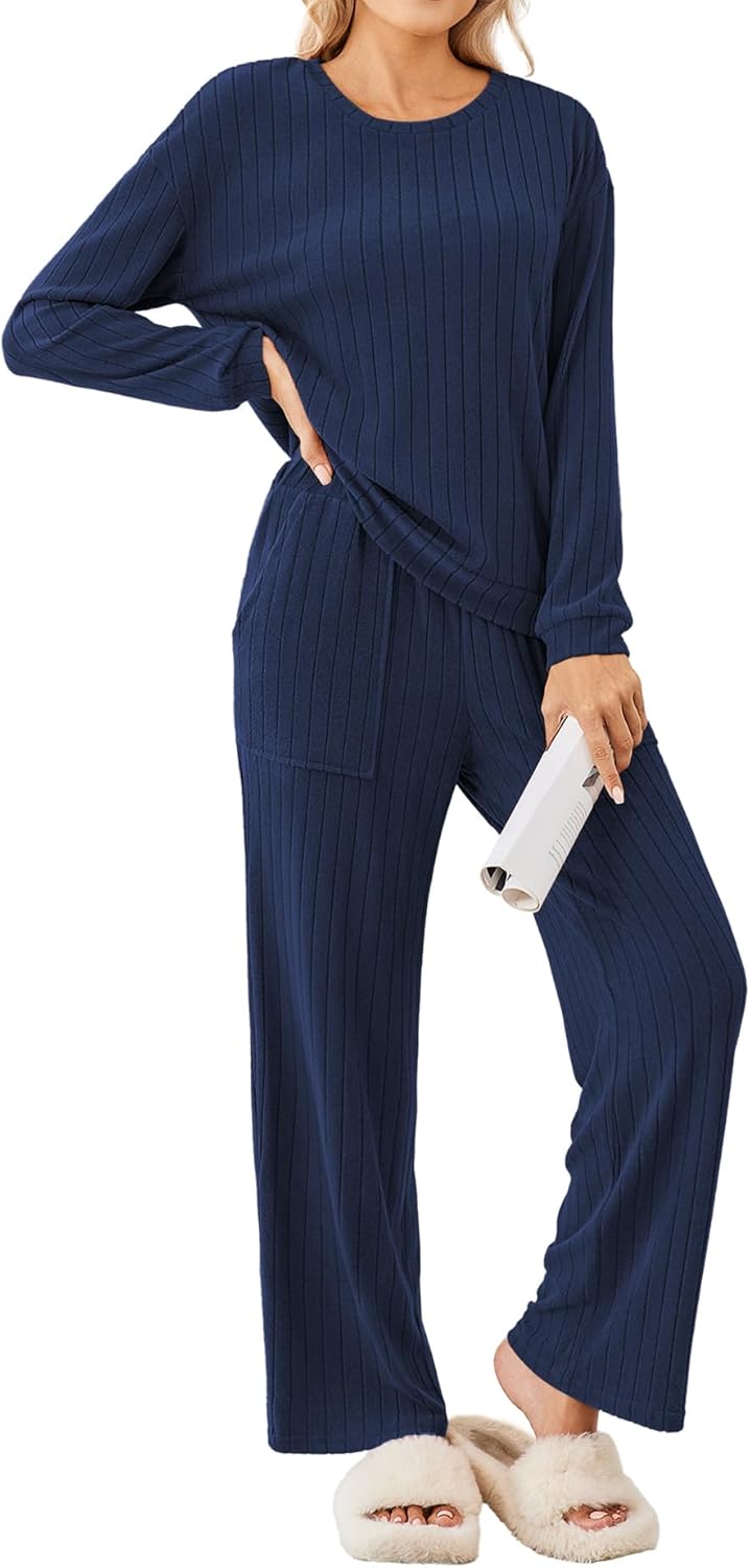 Ekouaer Womens Pajama Sets 2 Piece Ribbed Knit Lounge Sets Long Sleeve Pjs Soft Sleepwear Fall Outfits with Patch Pockets