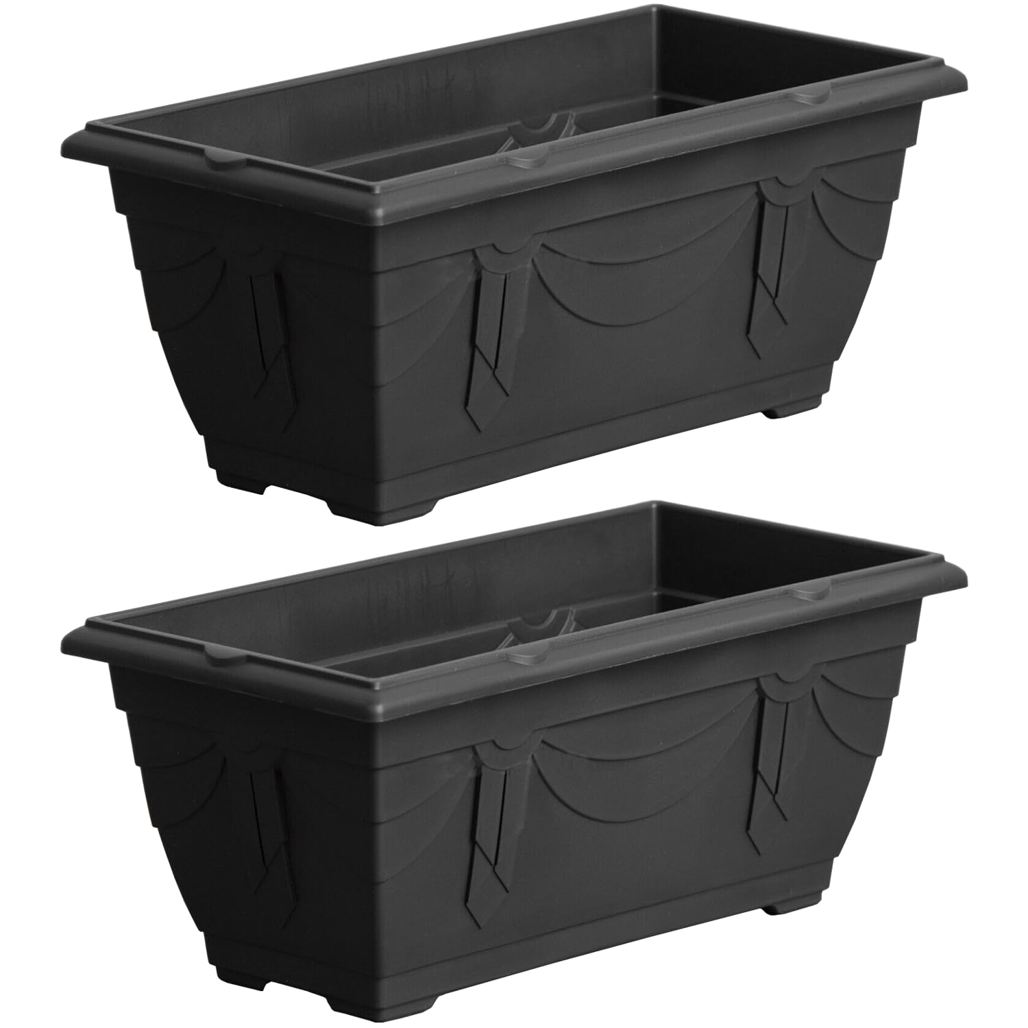 VR7 40cm Long Garden Planter with Trays - 2 Pack Durable Plastic Trough for Raised Window Planting - Ideal for Flowers, Herbs, and Vegetables (Black, Without Trays)