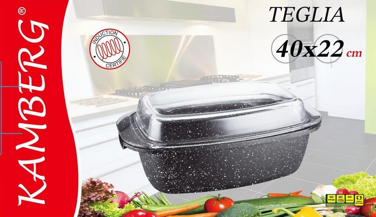 KAMBERG Rostiera 40 x 22 x 16 cm, Ghisa di Alluminio, Rivestimento Antiaderente di Alta Performance Pietra, Coperchio in Vetro, Tutti Fornelli y induzione, Senza PFOA, 5.3 Litri