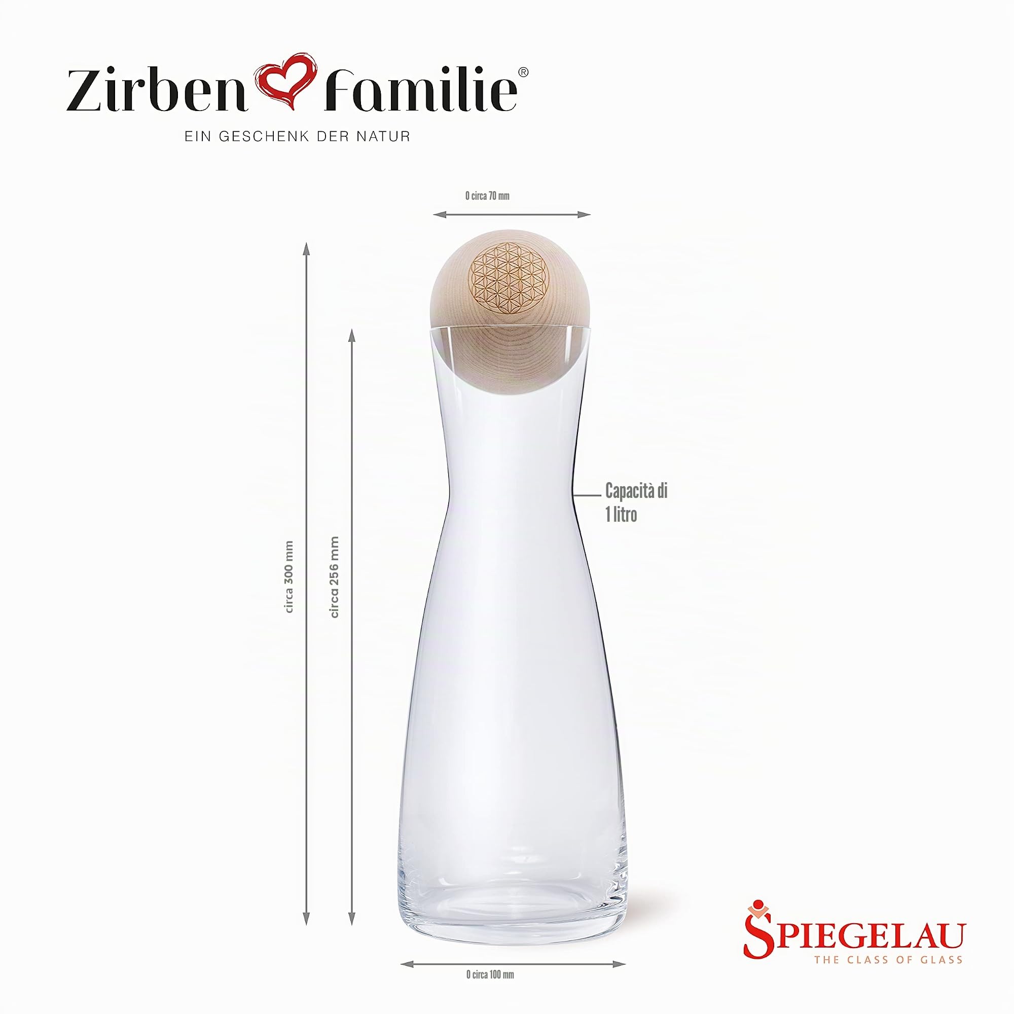 Zirben Familie Il set originale a sfera di cembro | dona all'acqua un tocco speciale | 1 litro di caraffa in vetro di cristallo con coperchio in legno di cembro | Flower des Life Edition