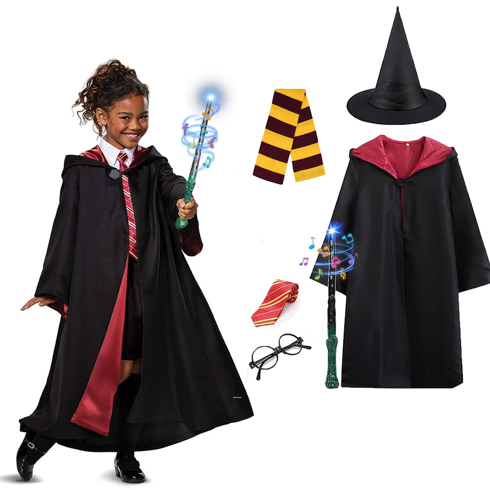 Halloween Costumes, Halloween Costume Kids Kit Includes Robe, Scarf, Tie, Glowing Wand, Glasses and Hat, Halloween Costumes for Boys Girls(135cm)