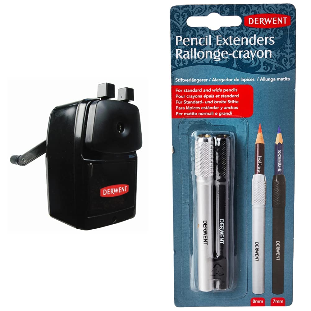 Derwent - Taille-Crayon Manuel à Manivelle, pour des Mines Très Pointues & Pince de Bureau, Qualité Professionnelle, 2302001 & Set de 2 Porte-Crayons, Revêtement Agréable au Toucher