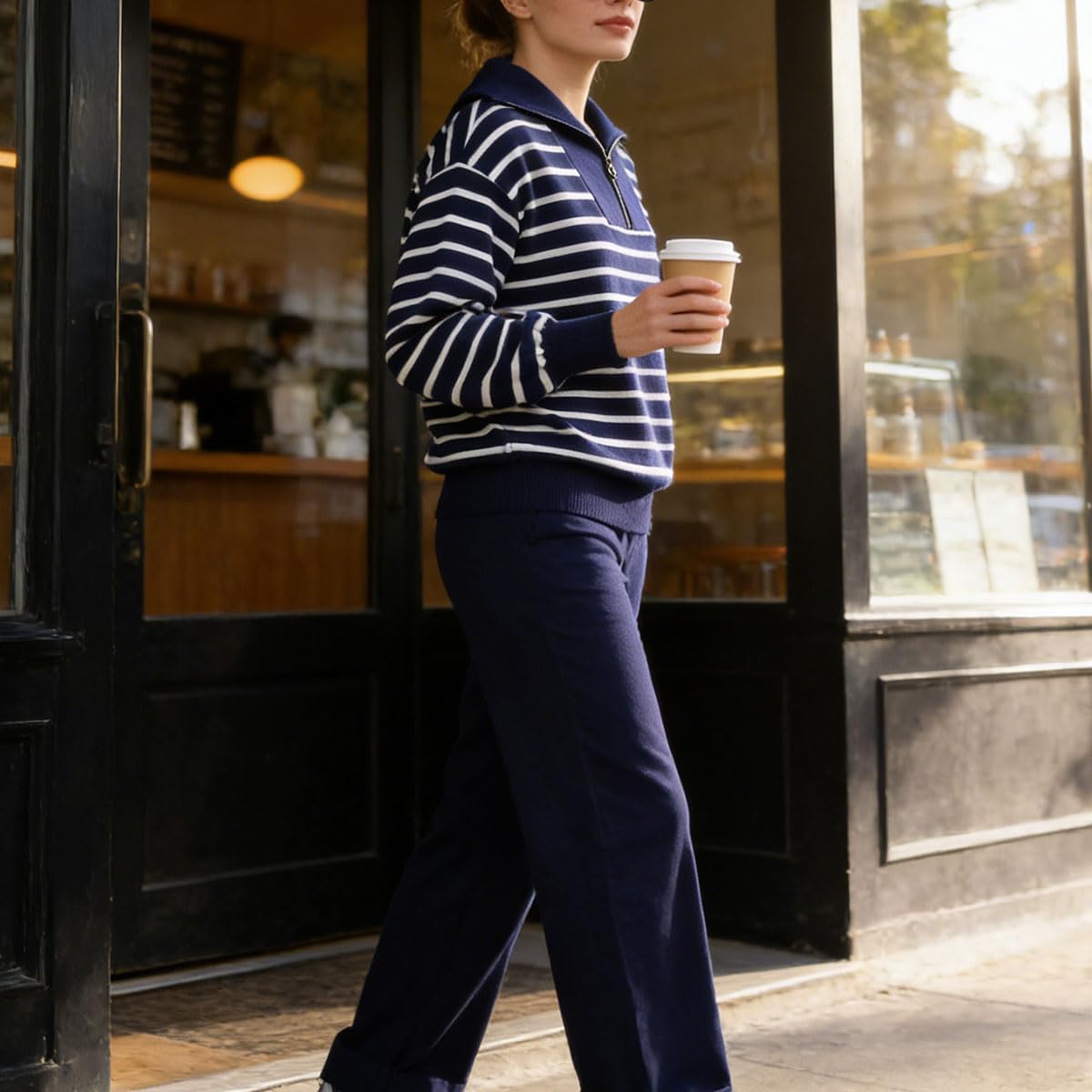 LEO'S VASE 2025 Fall Oversized Two Piece Sets for Women, Wide Leg Travel outfits for women, Striped Knit Matching set - Image 4