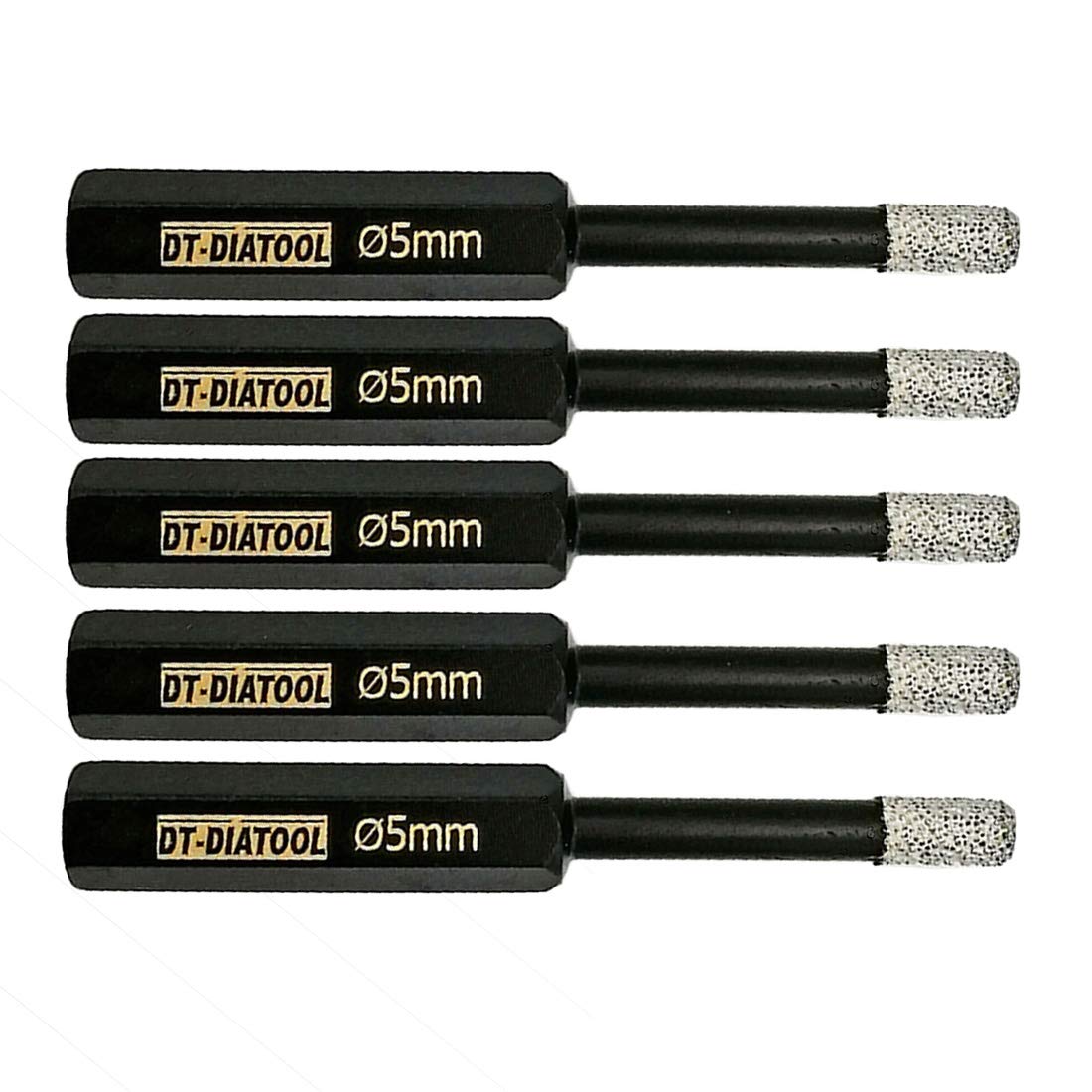 DT-DIATOOL Hex Shank Dry Diamond Drill Core Bits 5PCS 5mm Vacuum Brazed Hole Saw for Tile Porcelain Ceramic Marble Granite