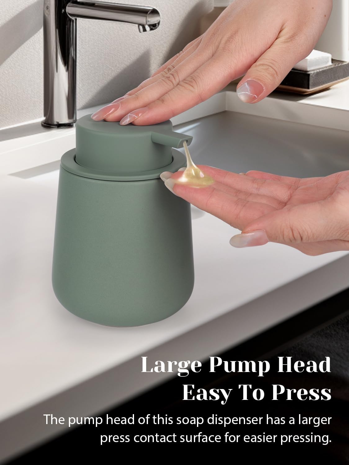 INGOFIN Ceramic Lotion Dispenser - 12oz Refillable Hand Soap Dispenser Bathroom, Modern Liquid Dispenser with Pump, Dish Dispenser for Kitchen, Matte Green - Image 4