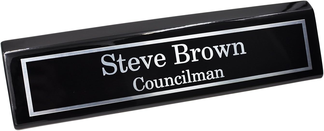 Custom Desk Name Plate | Silver Aluminum Plate on Black Wedge with Piano Finish | Custom Name Wedge | Personalized Black Desk Wedge