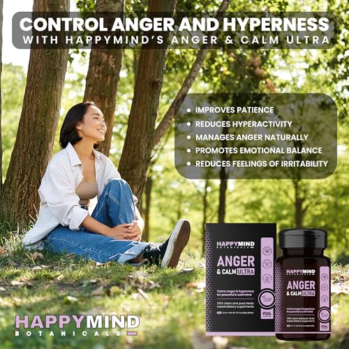 Image of HappyMind Botanicals Anger & Calm Ultra | Ayurvedic Anger Control Supplement for Calm Adults | Helps in Anger Management, Irritability & Emotional Relief | Ashwagandha, Tagar, Gulab | 60 Vegan Tablets