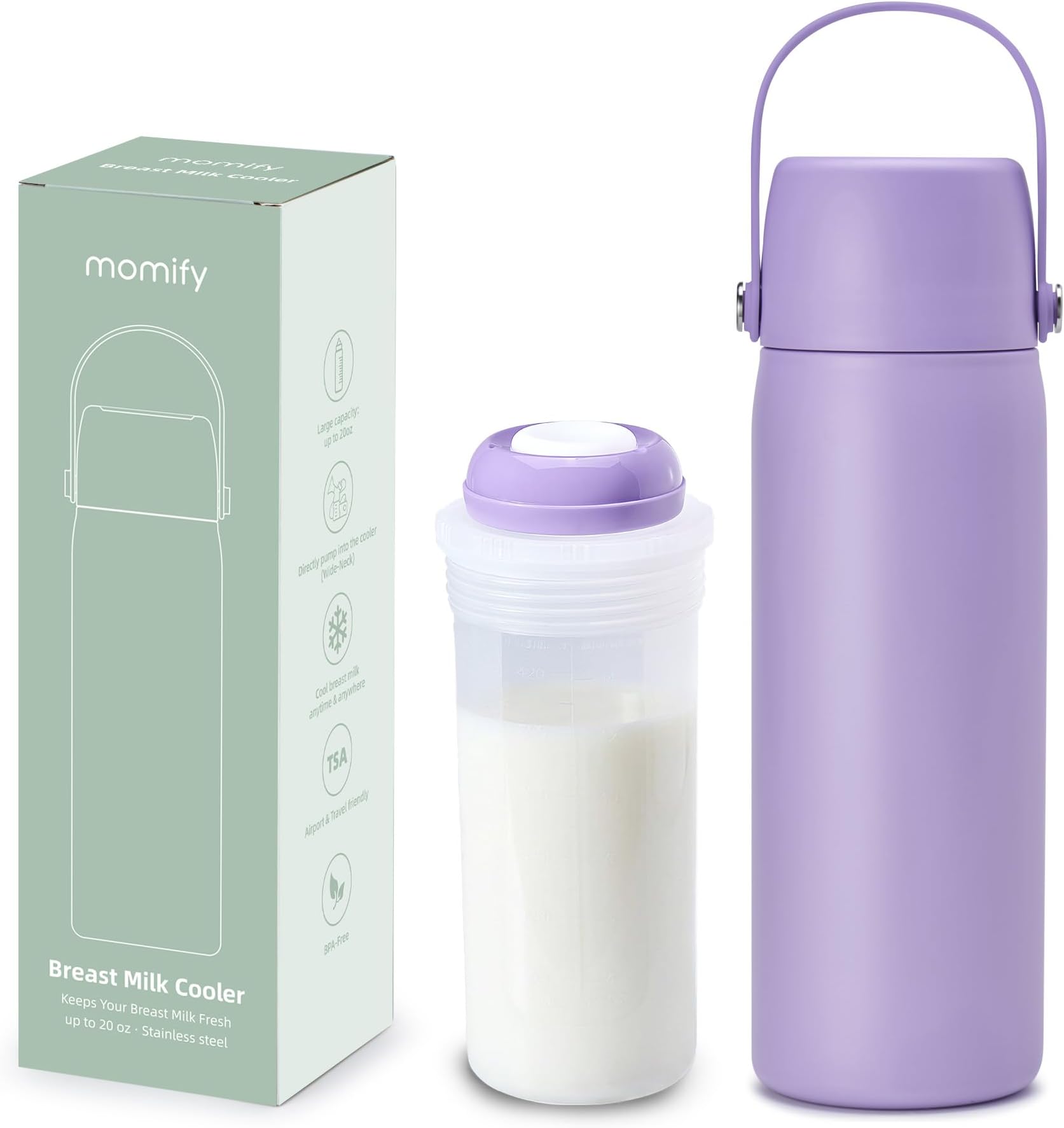36-Hour Portable Breastmilk Storage Bottle, 20oz Vacuum Insulated Stainless Steel Breast Milk Cooler Bottle, TSA Approved Breast Milk Chiller for New Moms, Outdoor, Travel, Office​ - Purple