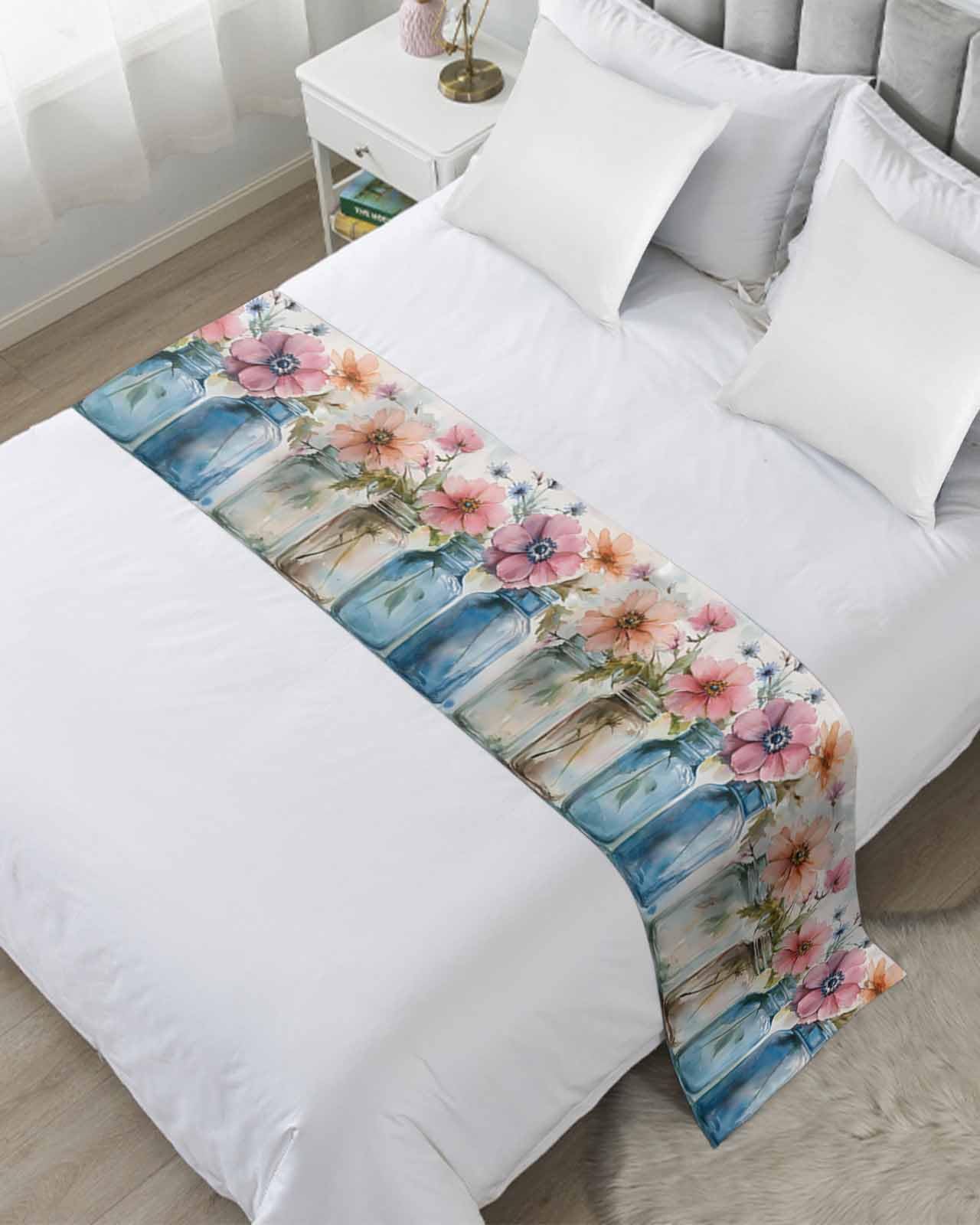Colorful Flowers Bed Runner for Full/Queen Size, Spring Botanical Floral Bottle Leaves Bedspread Protector Slipcover Bed Scarf for Foot Runners & Scarves for Bedroom Hotel Wedding Room 83x20 Inches