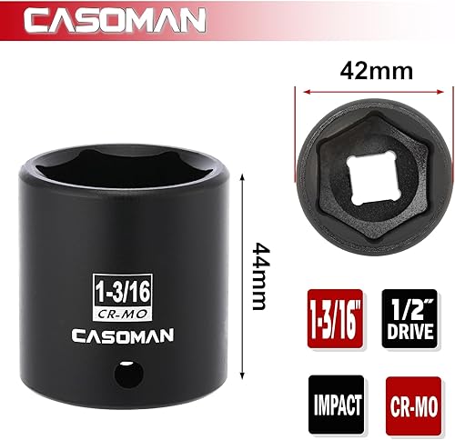 Miniatura 168 de CASOMAN 1/2" Drive x 1.417 in Deep 12 PT Socket Impacto, CR-MO, 1/2" Drive 12 Point Axle Nut Socket para una fácil extracción de las tuercas del eje
