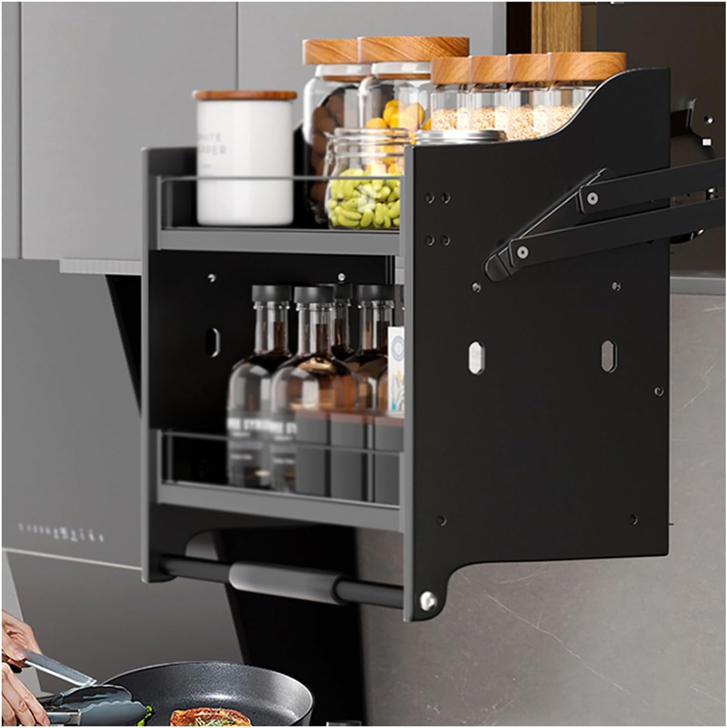 Upper Cabinet Pull-Down Aviation Aluminum Alloy Cabinet Storage Rack,2-Layer Storage Baskets,Raised Guardrails,Suitable for Bars(Cabinet 400mm)