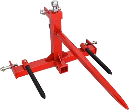 YINTATECH 49" 3 Point Hay Spear for Tractor CAT-1 w/ 2 Stabilizers | 3 Point Bale Spears Quick Hitch Attachment with 2" Receiver & Trailer Ball Gooseneck Drawbar, Loading 3000lbs,Red