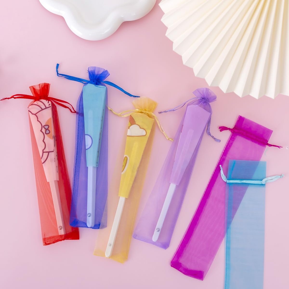 luzen 30Pcs Organza Folding Hand Fan Bags Folding Fan Drawstring Bags Decorative Pouch Gift Packaging Bag, 10x2.36 Inches, Random Color image 4