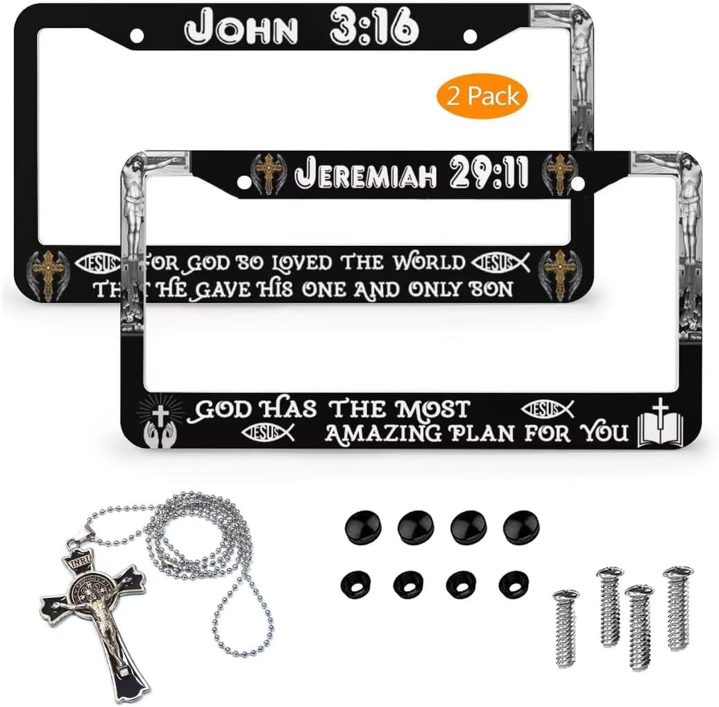 Bible Verses License Plate Frame & Jesus Cross Car Hanging Decoration Jesus Christianity Frame License Plate Holder for Standard Us Canada License Plate Holder Unisex