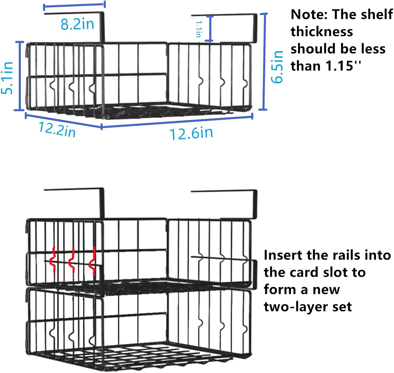 under shelf basket storage 2pack - 11.8in metal under cabinet shelf, hanging wire basket shelves, undershelf storage basket for kitchen pantry bookshelf black