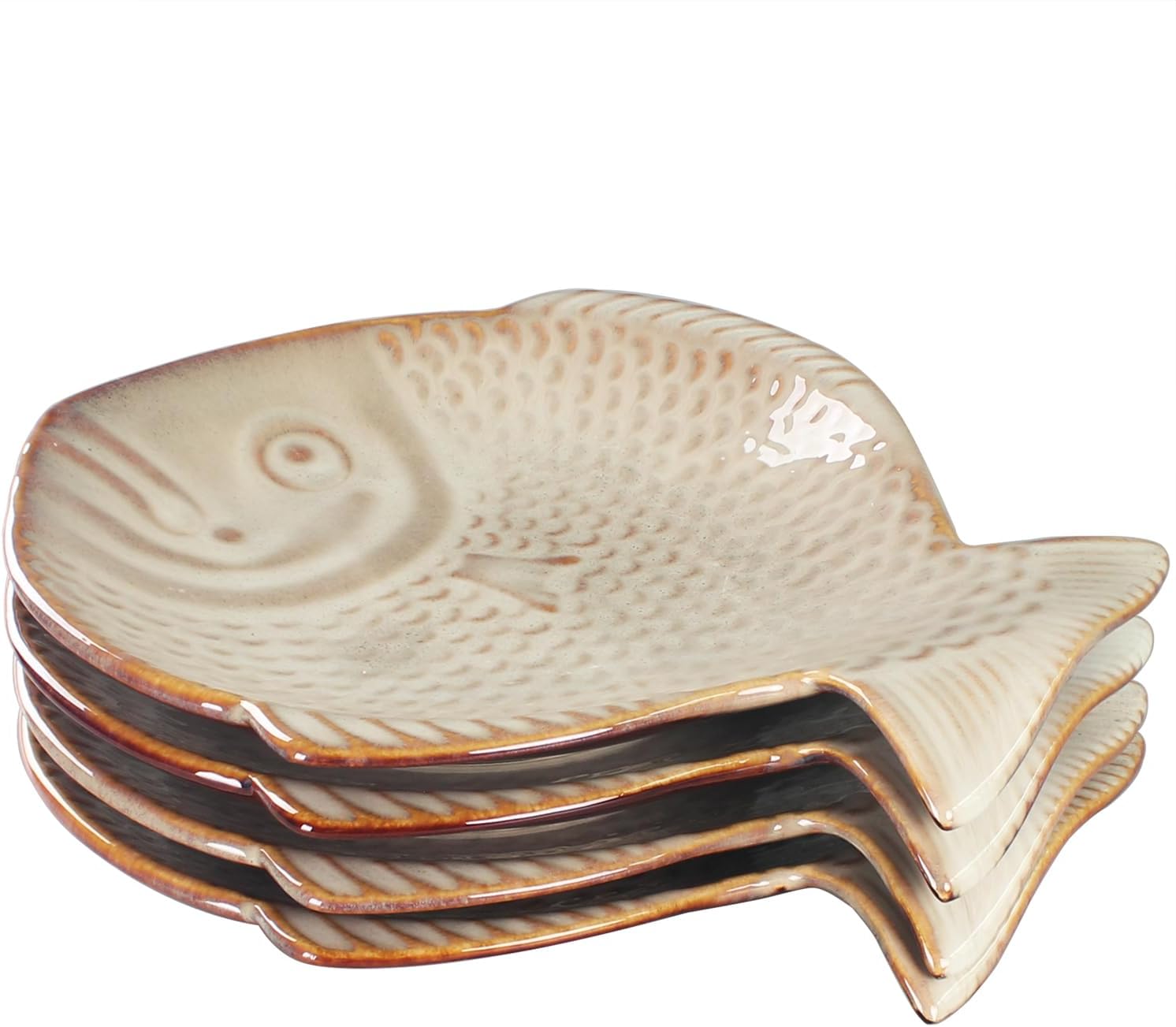 Ceramic Serving Platters, Salad Plate Set of 4, Large Serving Tray for Entertaining, for Snacks, Dessert, Appetizer, BBQ, Dinner Dishwasher Safe, Fish shape 10.2 Inch