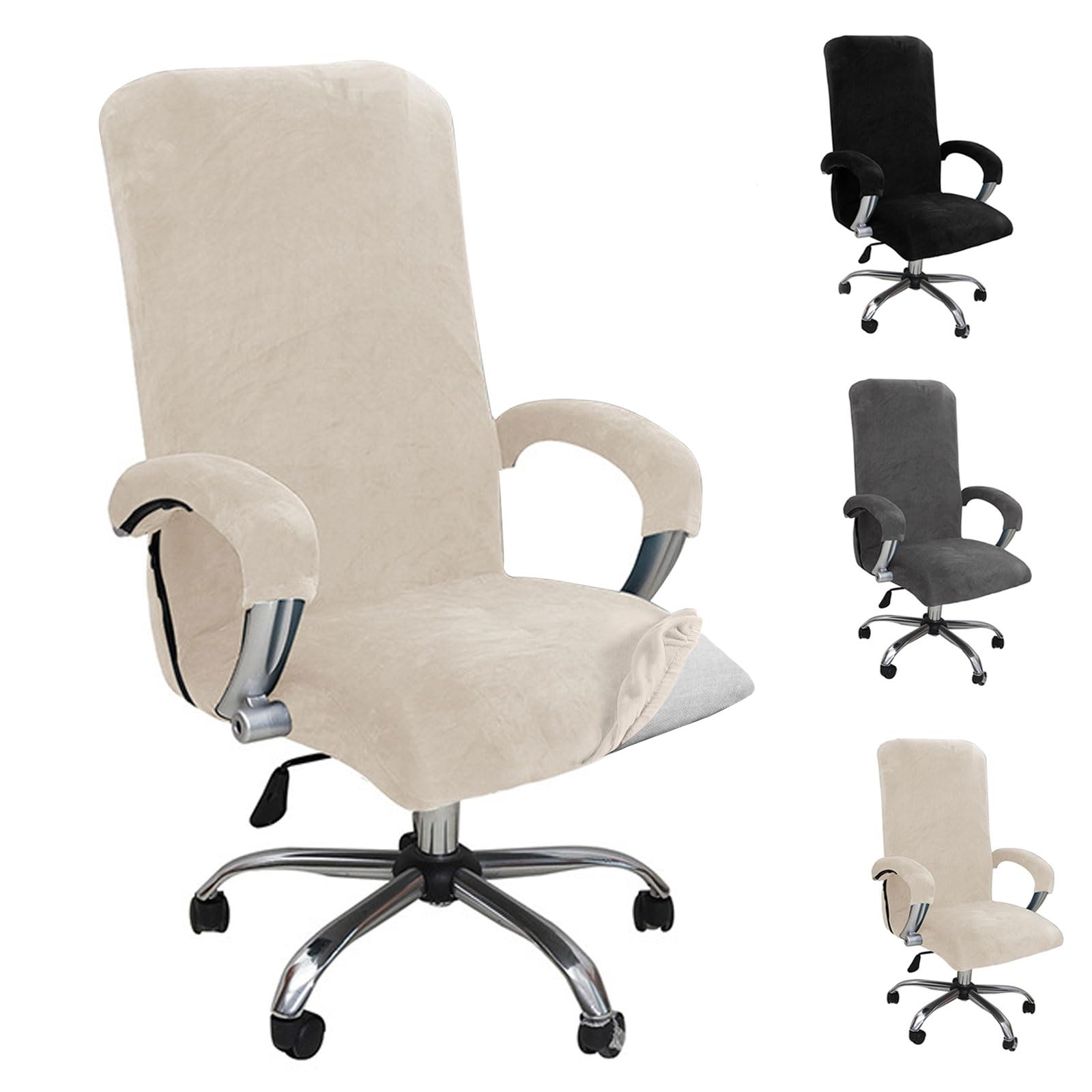 Chingcoo Fluwelen bureauhoes met armleuning, stoelovertrek, hoge rugleuning, gamingstoel, stoelbekleding, elastische hoezen, grijsbeige