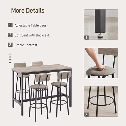 Miniatura 4 de IINE'a Juego de mesa de comedor de 5 piezas, mesa de bar y sillas, mesa de bar de cocina con taburetes para 4, mesa rectangular de pub bistró y