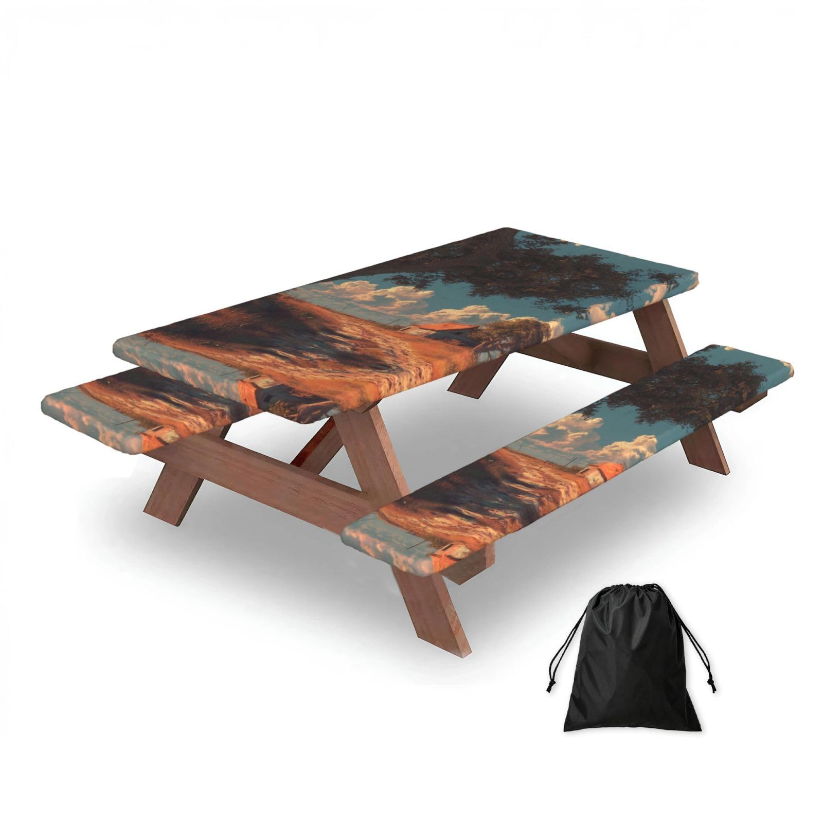 ESNAIUVCD Rural Scenery Print Picnic Table Cover With Bench Covers,Camping Essentials,Fitted Tablecloth Cover With Elastic Edge, For Indoor & Outdoor 3 Pcs
