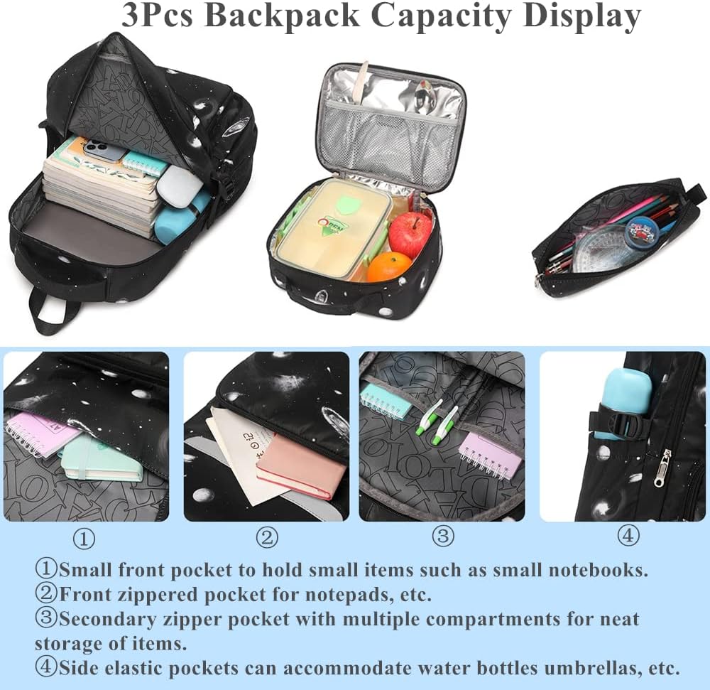 Mildame Galaxy Backpack for Boys with Lunch Box Set, 3Pcs Boys Bookbag for Elementary, 3 in 1 Teens Space Printed School Bag - Image 4