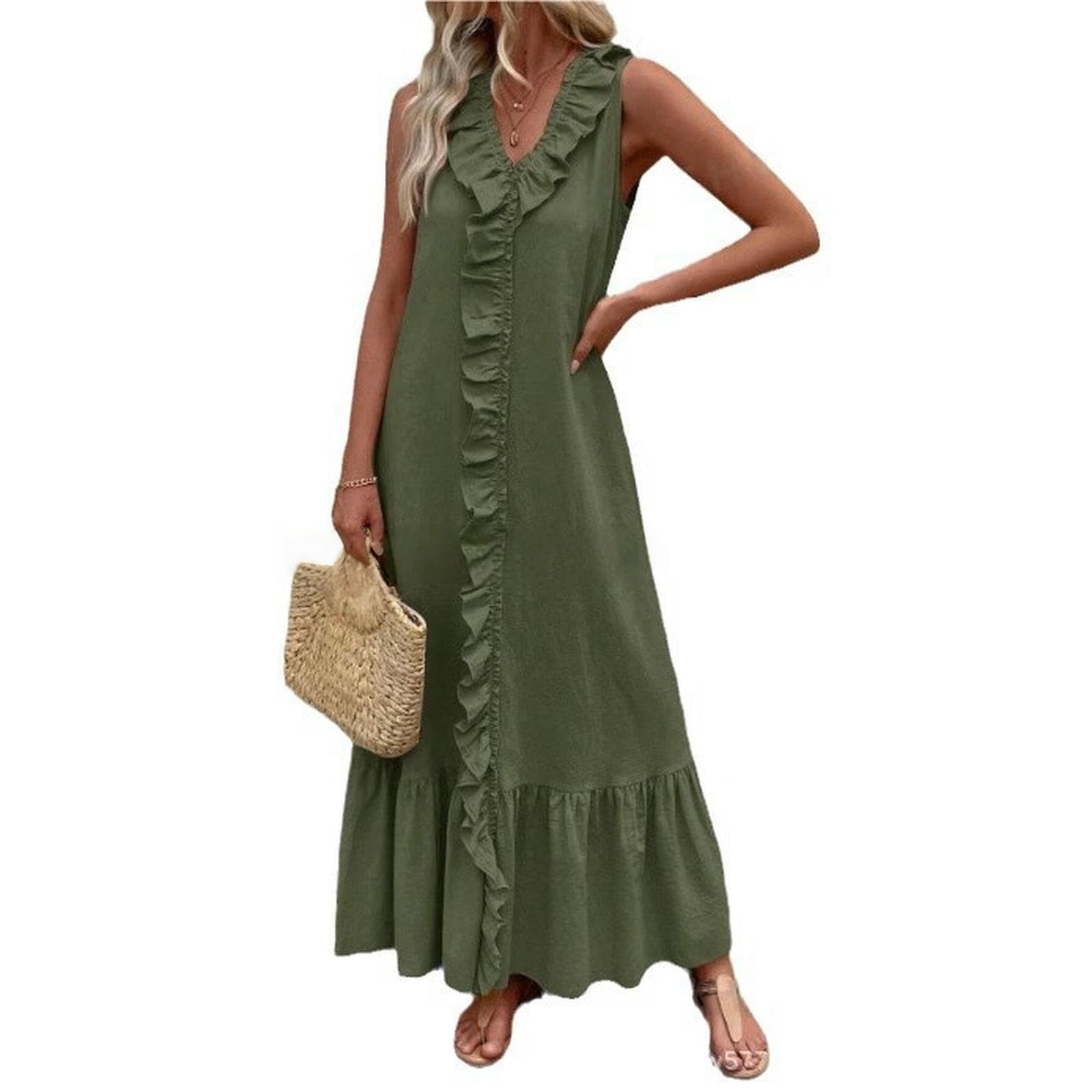 Vestito Maxi Abito Svasato con Scollo A V in Cotone E Lino Primavera Estate — Disponibile-Mare Blu-XL