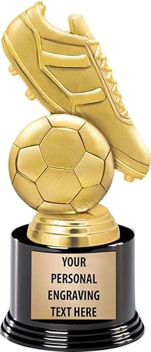 Crown Awards Trofeos de fútbol con grabado personalizado, pelota de fútbol dorada personalizada de 7.25 pulgadas y trofeo de tacos en base redonda