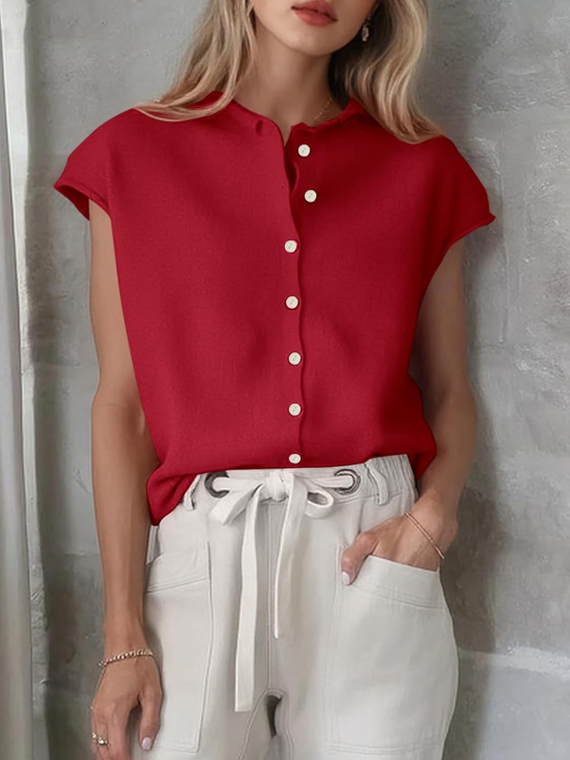 Cicy Bell Womens Cap Sleeve Sweater Vest Lightweight Casual Knit Tank Tops Trendy Crew Neck Button Cardigans - Image 6