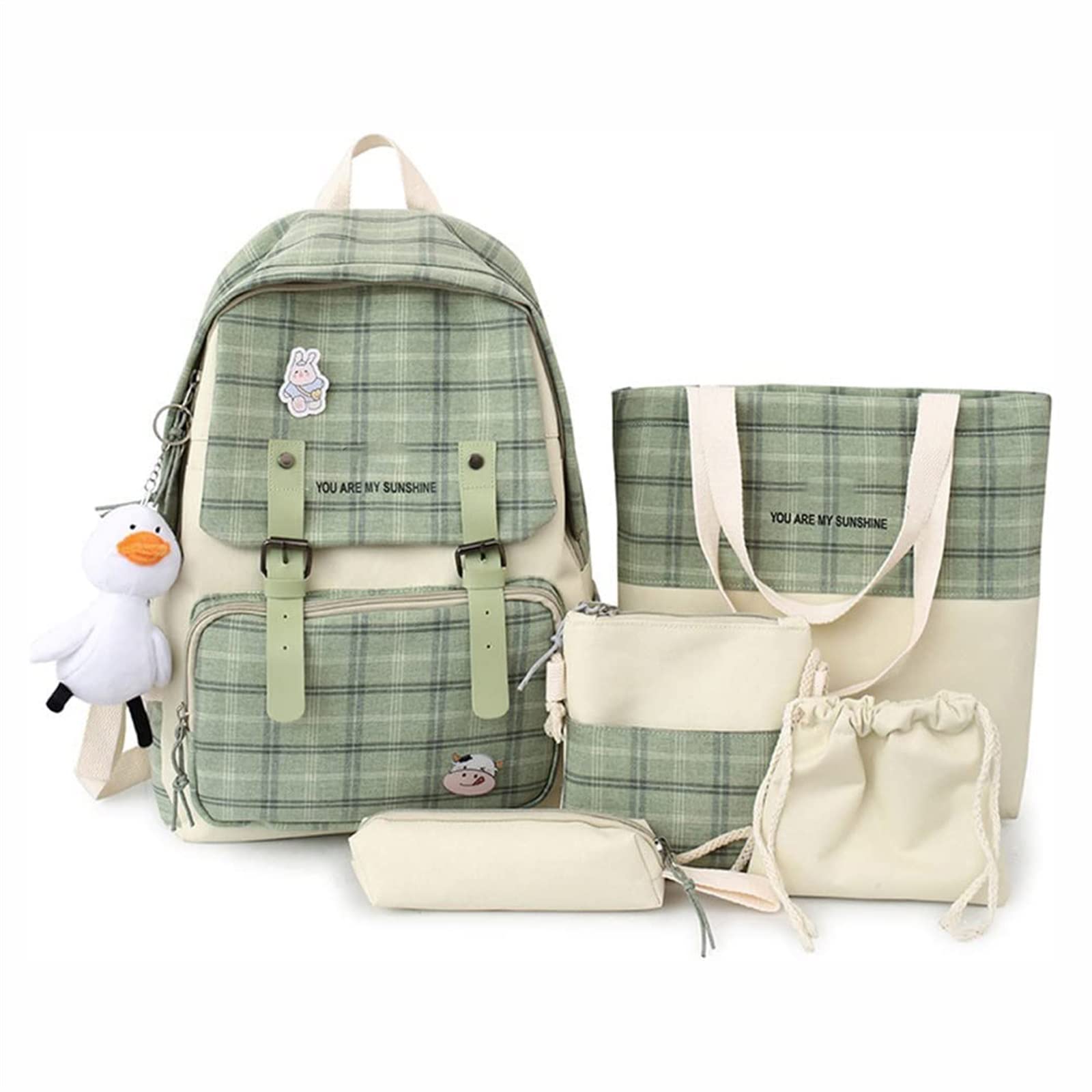 XTRANSF Kawaii Backpack 5pcs Set Aesthetic School Bags, Japanese Backpack with Badge & Pendant, Backpack Cute Aesthetic (D-Green)