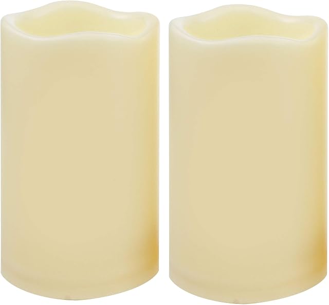 2 PCS 3" x5" Waterproof Outdoor Battery Operated Flameless LED Pillar Candles with Timer Flickering Plastic Resin Electric Decorative Light for Lantern Patio Garden Home Decor Party Wedding Decoration