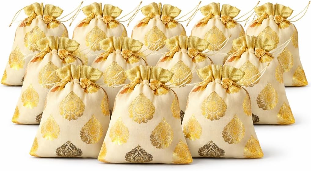 Rajasthan Kraft Gold Banarasi Tissue Pack Of 12 Potli Bag, 23x19 cm Brocade Look Foil Print Drawstring Potli For Wedding & Diwali Return Gifts, Festive Favor Bags, Potli Bag for Women
