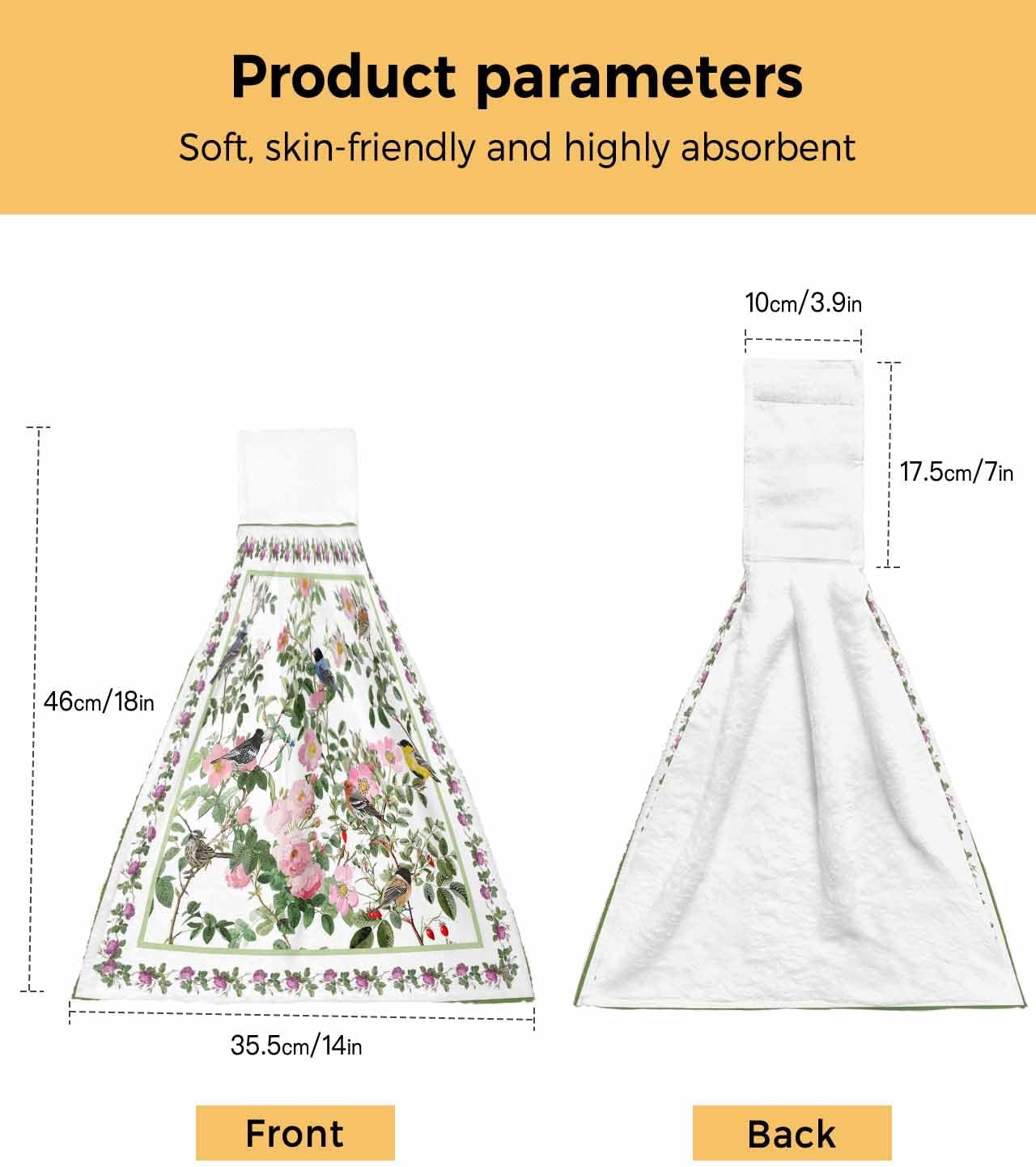 Pink Spring Floral Kitchen Hand Towels with Hanging Loops Set of 2 Elegant Pastoral Flowers Birds Watercolor Soft Thick Oven Fingertip Dry Microfiber Tie Dish Towel Absorbent Cleaning Washcloth