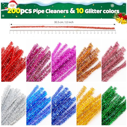 Image of IOOLEEM 200pcs Glitter Pipe Cleaners 10 Colors for Christmas
