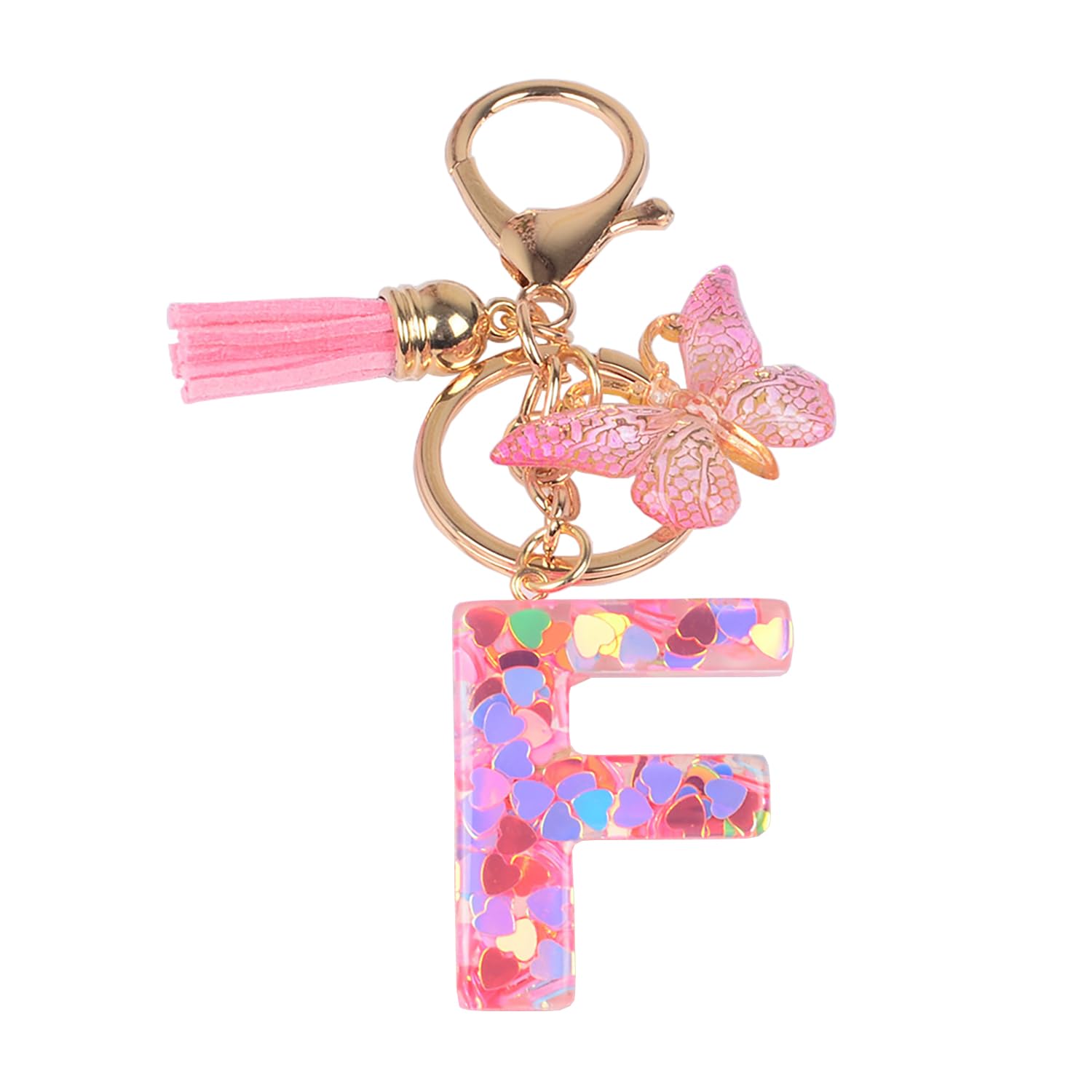 Ypymod Unisex Rosa-F Butterfly Pendant Keychain With Initial F, Pink, Women, Girls