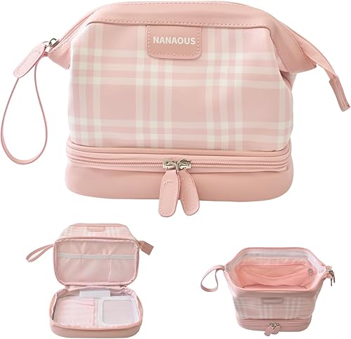 Bolsa de maquillaje de cuero, bolsa de cosméticos de viaje, bolsa de maquillaje a cuadros rosa de gran capacidad con compartimentos, bolsas de aseo