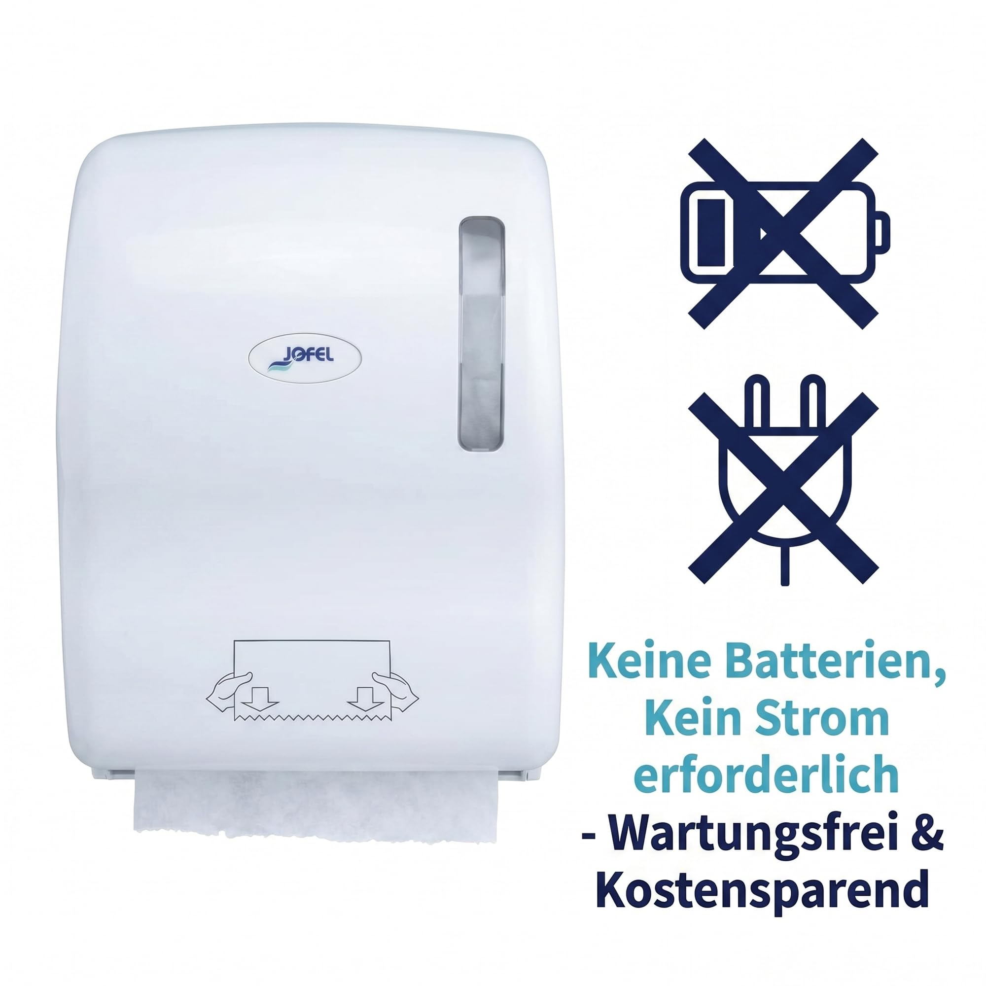 Jofel Autocut ABS Papierhandtuchspender für Gewerbe & Industrie - Hygienischer Wandspender ohne Batterie, Für Tuchrollen bis 210mm, Inkl. Sichtfenster & Schloss, Weiß (AG56000)