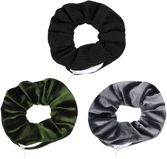 Velvet Hair Tie Scrunchies for Girls & Women - Original Hidden Pocket Scrunchie with Zipper Pocket Storage for Accessories, Small Items, Keys, Money (3-Pack-B)