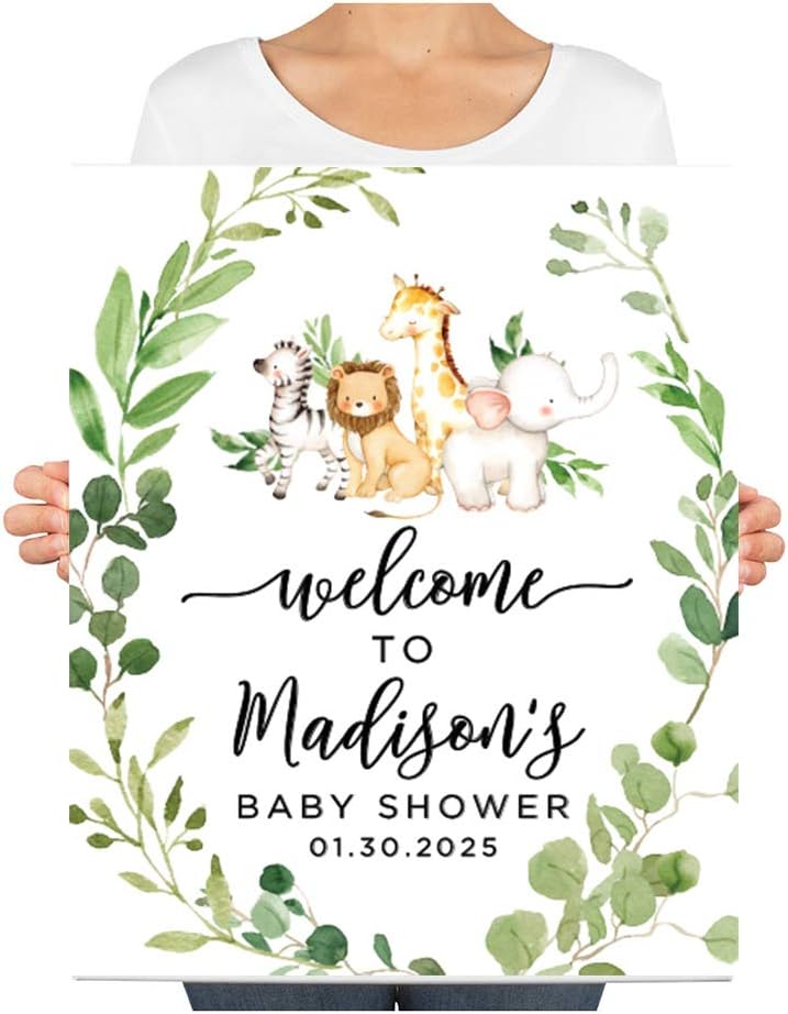 Andaz Press Custom Large Baby Shower Canvas Welcome Sign, 16 x 20 Inches, Safari Animals Leaf Foliage, Guestbook Alternative, Personalized Sign Our Canvas, For Jungle Safari Baby Shower Theme