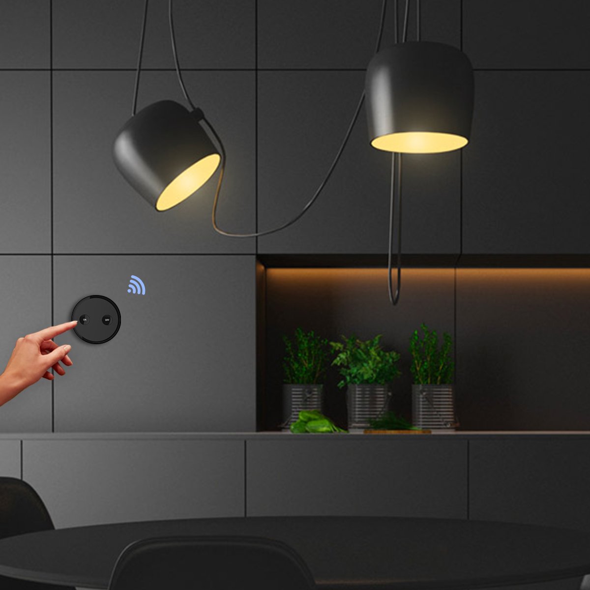 A hand operating the LoraTap wireless switch mounted on a wall, controlling overhead lighting in a modern room.