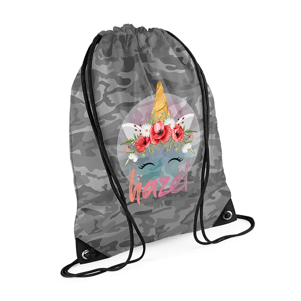 Personalised Unicorn Magicaly Stars Crown Castle Floral Girl ANY NAME Kids Birthda Back To School Drawstring Bag, PE Gym Kit, Swimming Rucksack. (Arctic Jungle Camo)