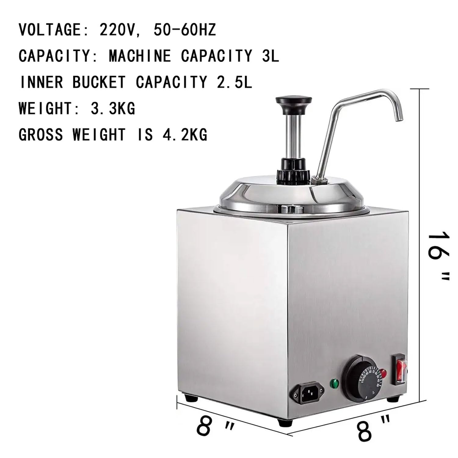 Dozownik pompy sosu komercyjnego, 2,5 l Electric Stael Stal Gorąca ciepła krówki, 30-110 ℃ Regulowana temperatura
