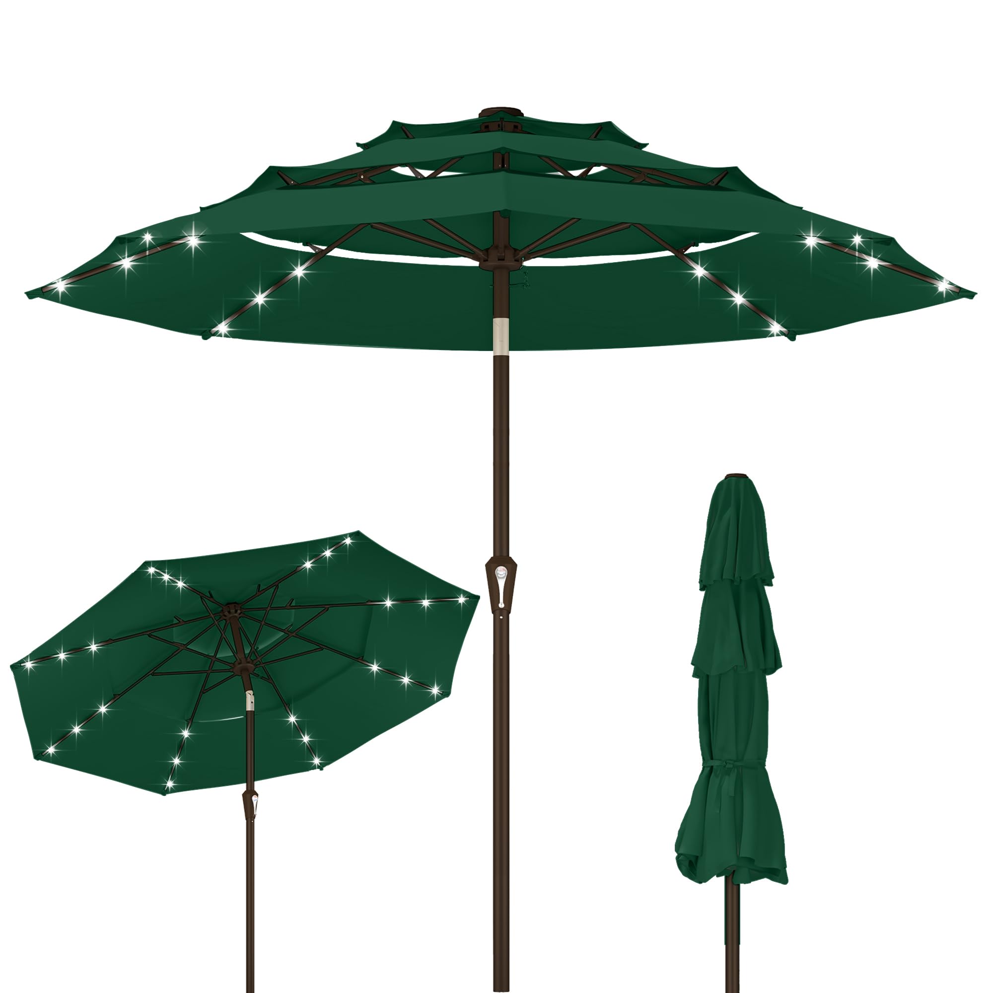 Kingdura 9ft 3-Tier Patio Umbrella with Solar Lights, Table Umbrella Outdoor Patio with Easy Crank & Tilt, 8 Sturdy Ribs, UV Protection, 32 LED Lights