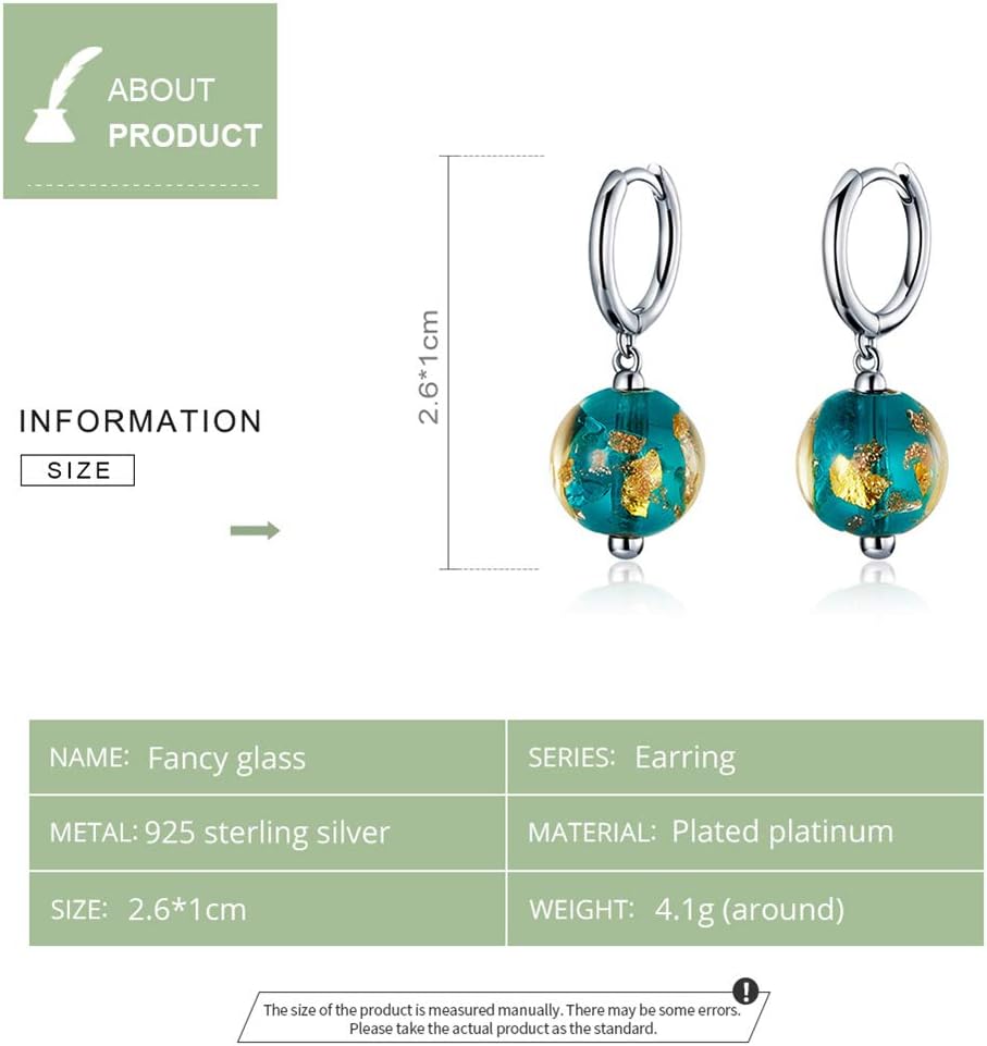 Dainty Blue Earth Drop Dangle Small Hoop Earrings for Women Girls 925 Sterling Silver Gold Continents Round Murano Glass Ball Earring for Sensitive Ear Fashion Jewelry Souvenir Gift