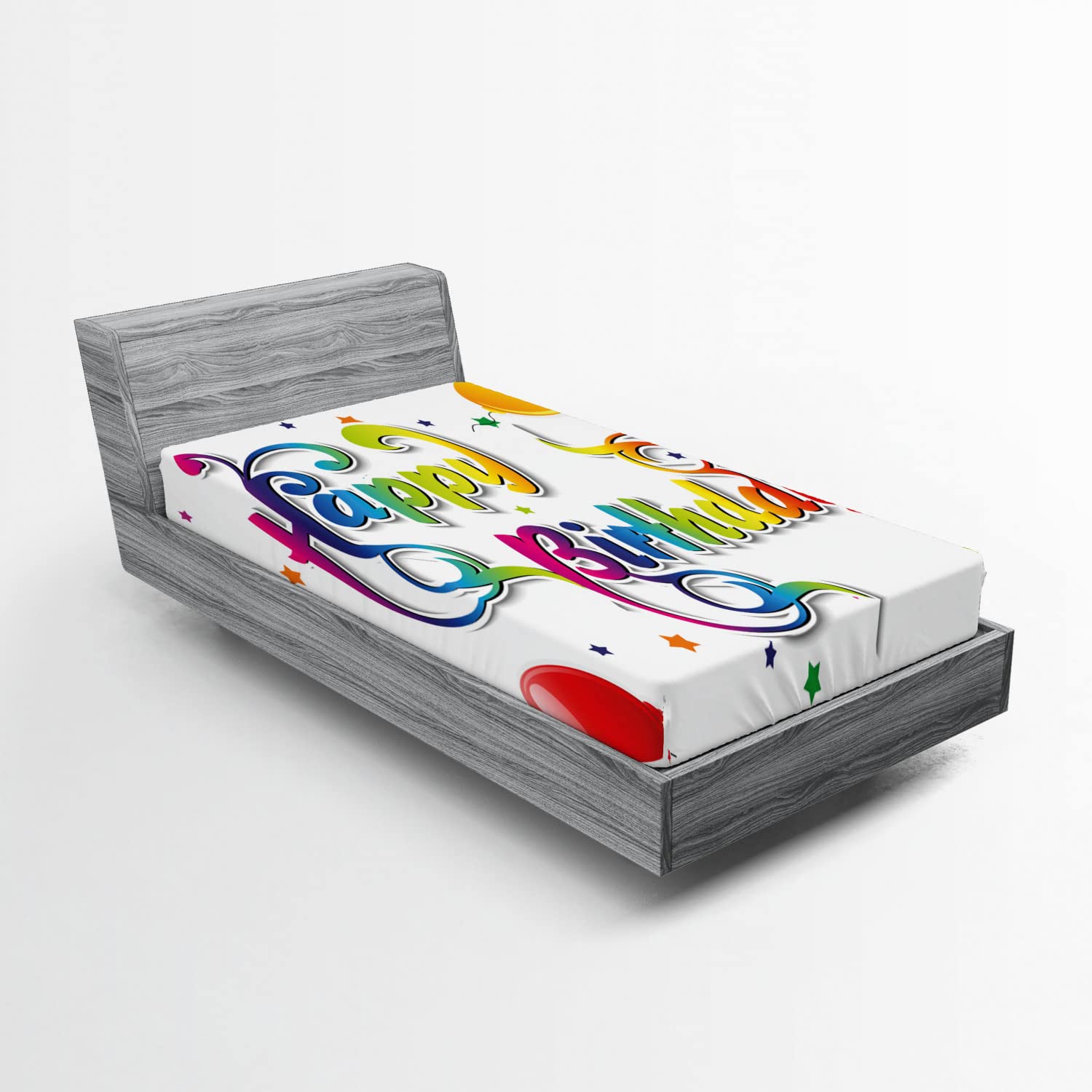 Ambesonne Birthday Fitted Sheet, Happy Birthday Words with Floral Swirled Details Stars Flying Balloons Print, Bed Cover with All-Round Elastic Deep Pocket for Comfort, Twin XL Size, White Multicolor