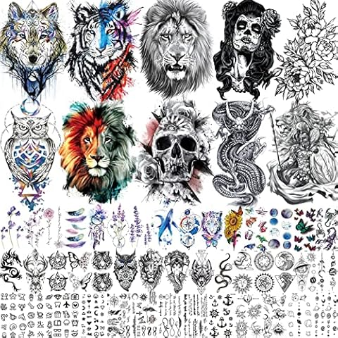 EGMBGM 53 Sheets Large Realistic Tiger Dragon Lion Owl Temporary Tattoos For Women Thigh Men Arm Adult, Half Sleeve Halloween Skull Fake Tattoo Sticker Warrior Wolf Watercolor Flower Tatoos Star Decal Cover