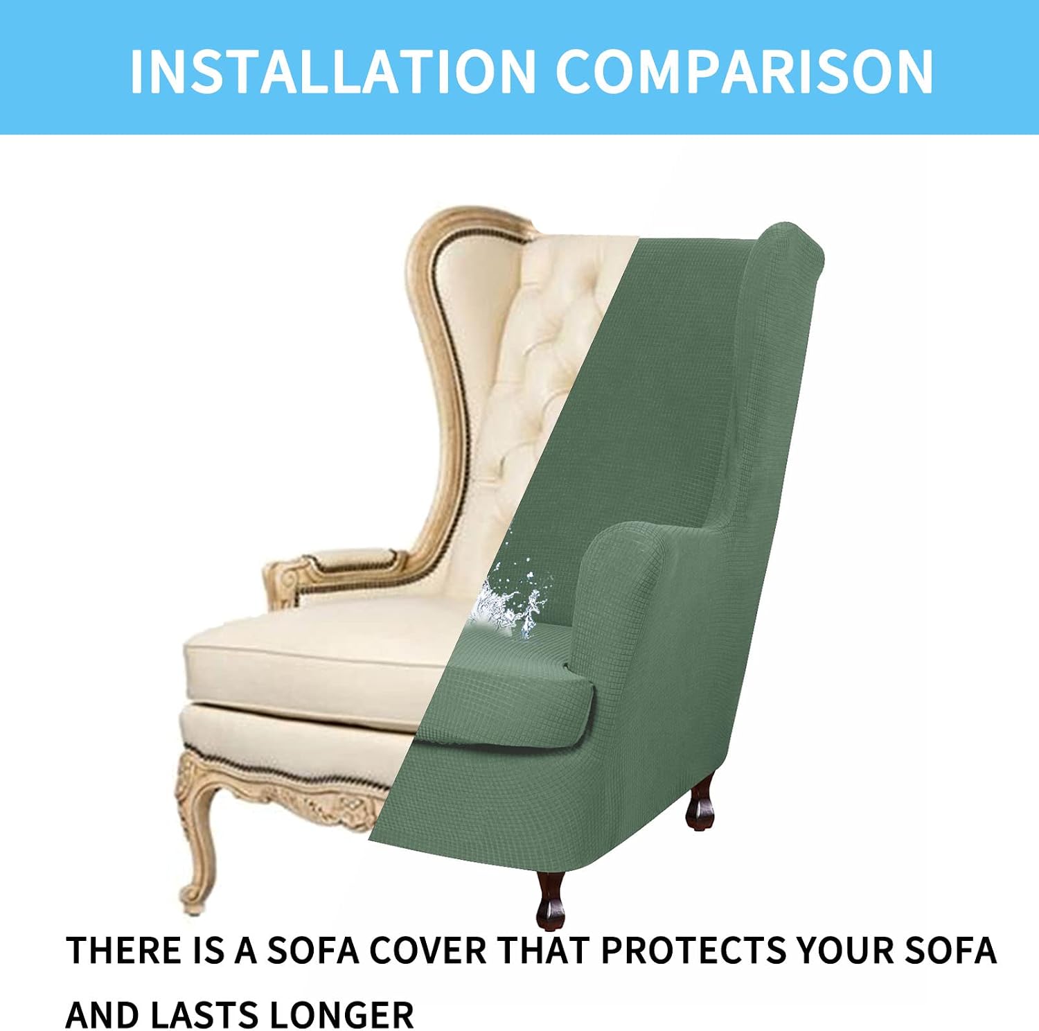 Armchair Covers Removable Spandex Sofa Cover Water Proof Armchairs Slipcover Washable Furniture Protector Elastic for Living Room Bedroom Hotel (2-Piece,Bean Green)