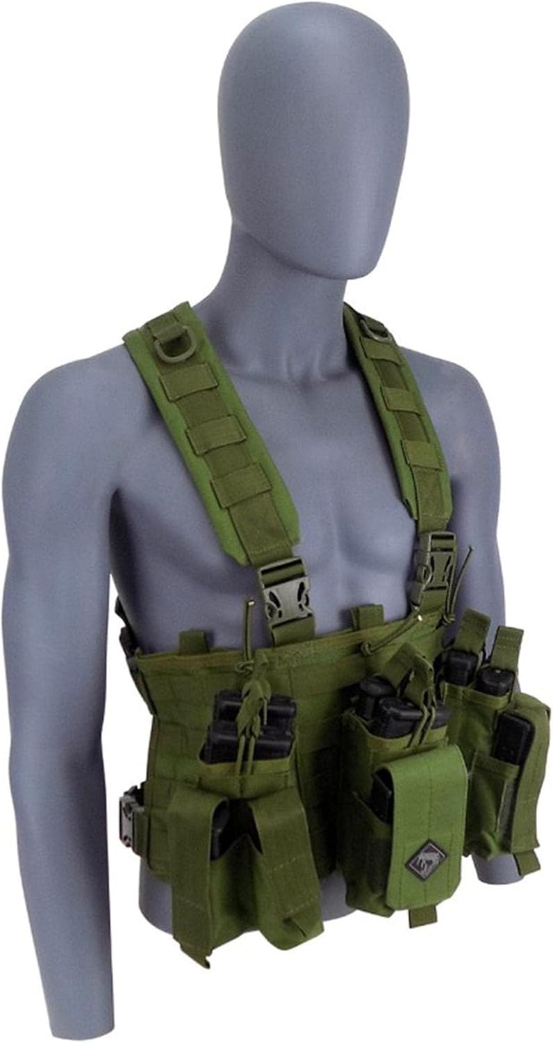 Modular Chest Rig, Green, Holds Six Rifle and Six Pistol Magazines, Integrated MOLLE Webbing, Highly Configurable Load-Bearing System